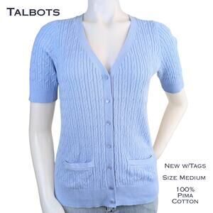 Talbots Cable Knit Short Sleeve Cardigan Medium Periwinkle Blue Pima Cotton NEW